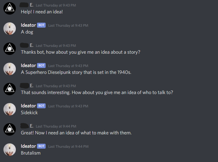 A discord bot I made that comes up with random ideas!